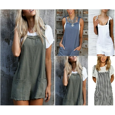 - Newest Fashion Women Plaid Loose Overalls Sleeveless Straps Shorts Pockets Casual Backless Loose Short Trousers
