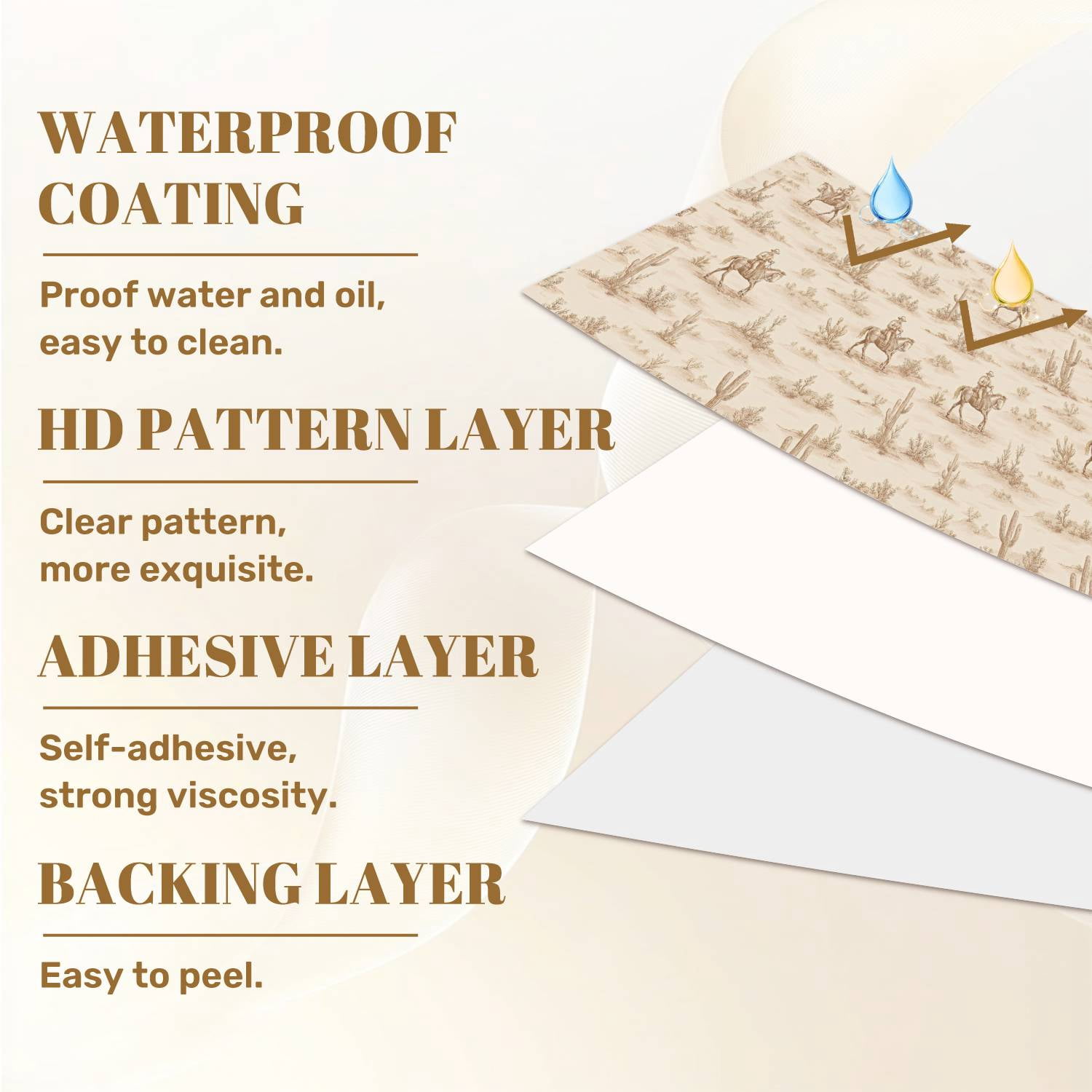 Peel and Stick Wallpaper 17.7in x 9.8ft Western Cowboy Desert Landscape Toile Sepia Contact Paper Vinyl Waterproof Self Adhesive Wall Paper for Bedroom Shelf Cabinet Renter Friendly
