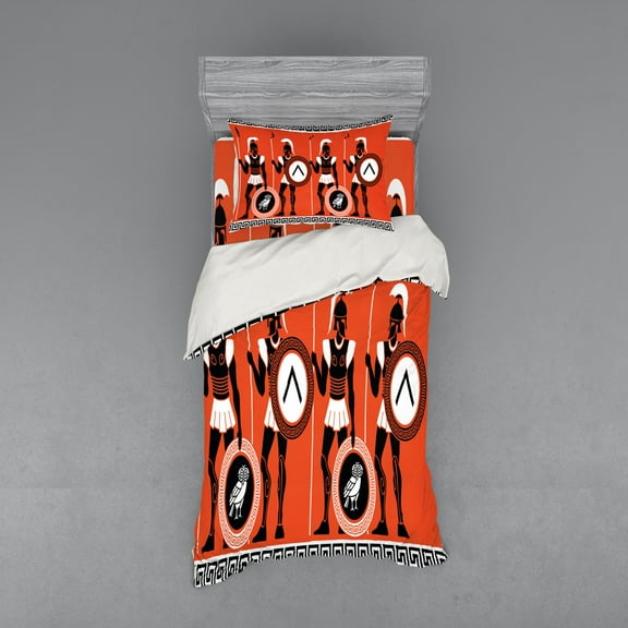 Retro Duvet Cover Set, Historical in Greece Theme Mystical Cultures, Bedding Set with Shams and Fitted Sheet, 3 Sizes, by Ambesonne