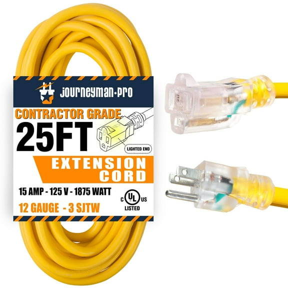 25 Foot YELLOW Lighted Outlet End Outdoor Extension Cord 25ft feet 25' Power FT