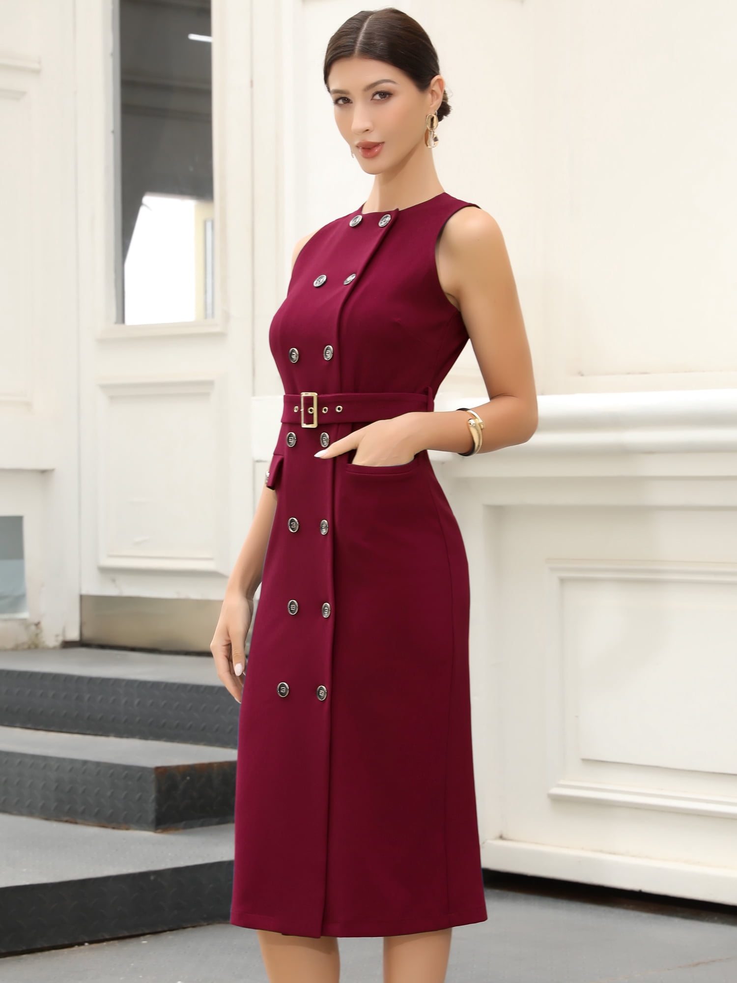 DARING DIVA Women's Double Breasted Dress Dressy Belted Pencil Dresses L Burgundy