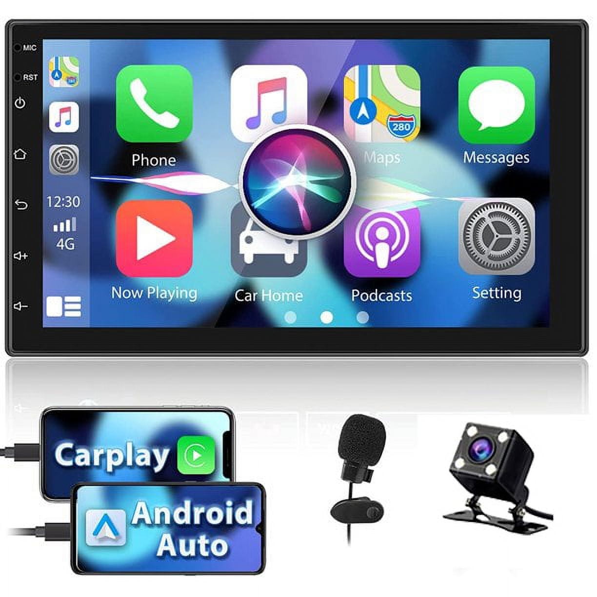 Podofo Universal 2 Din 7" HD Touch Screen Car Stereo Radio with Apple Carplay Android Auto System Car MP5 Player Bluetooth FM USB Charging Mirror Link, with 4 LED Backup Camera