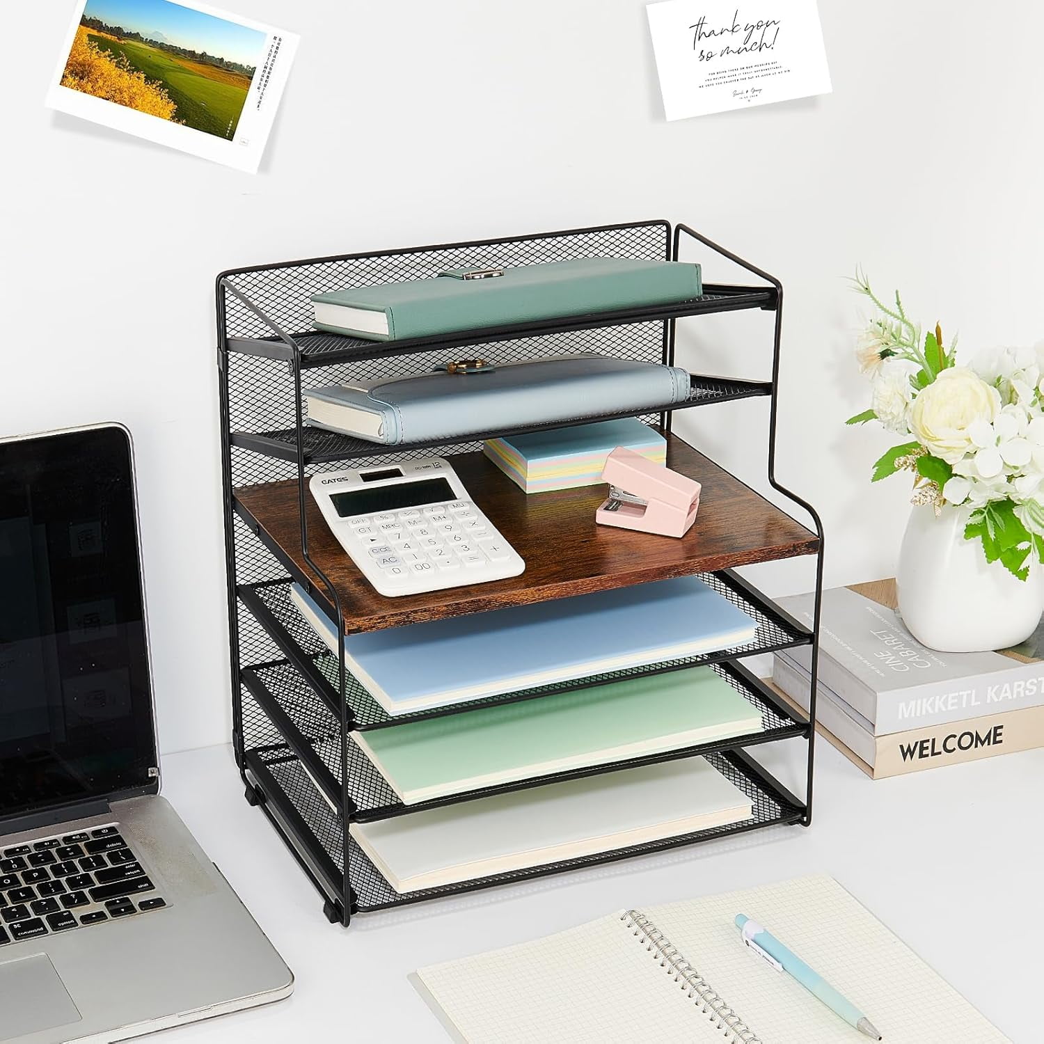 6-Tier Letter Tray Paper Organizer, Desk Organizers and Accessories, Desktop File Organizer, Office Desk Accessories for Office Supplies (Wood Brown)