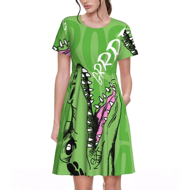 Easygdp CROCODILE HEAD para Vestido Transpirable de Mujer, Vestido Suelto de Manga Corta con Pliegues y Bolsillos para el Verano