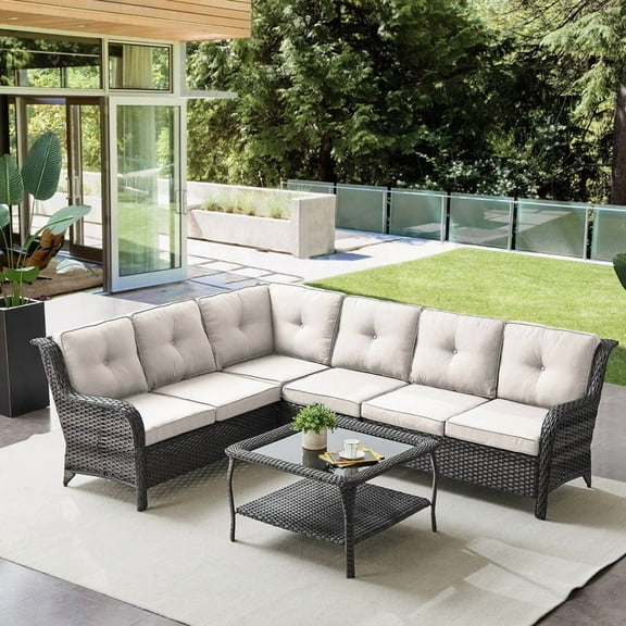 PARKWELL Outdoor Patio Furniture Set,All-Weather Conversation L-Shaped Sectional Sofa with Coffee Table and No-slip Thick Cushions,Backyard Porch Garden Poolside Balcony Set,Gray/Beige