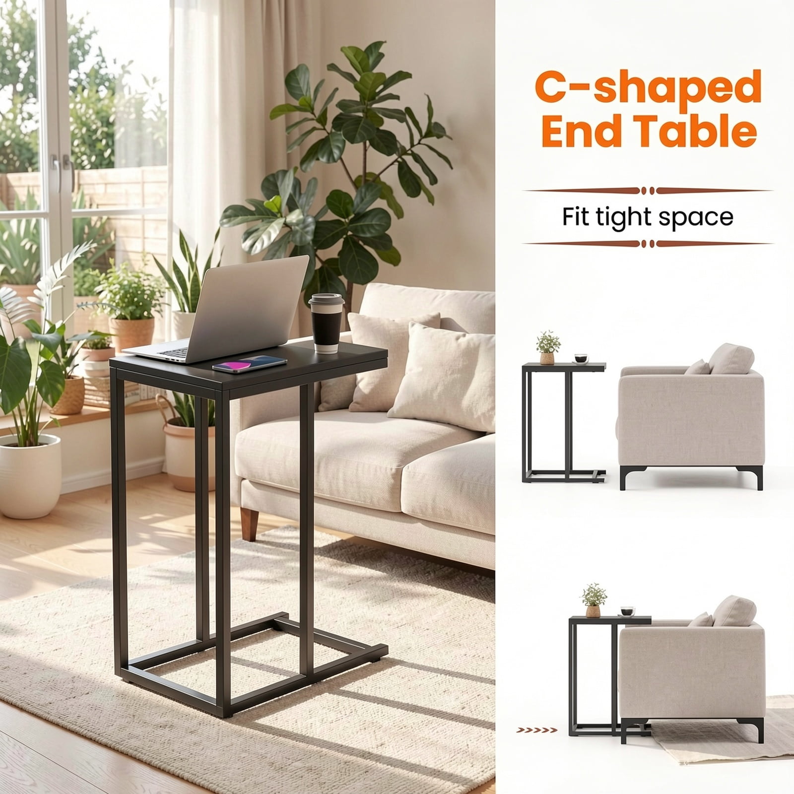 Furnibear C-Shaped End Table, Narrow Side Table for Sofa and Couch with Heavy-Duty Metal Frame, Space-Saving Snack Table for Living Room, Rustic Brown