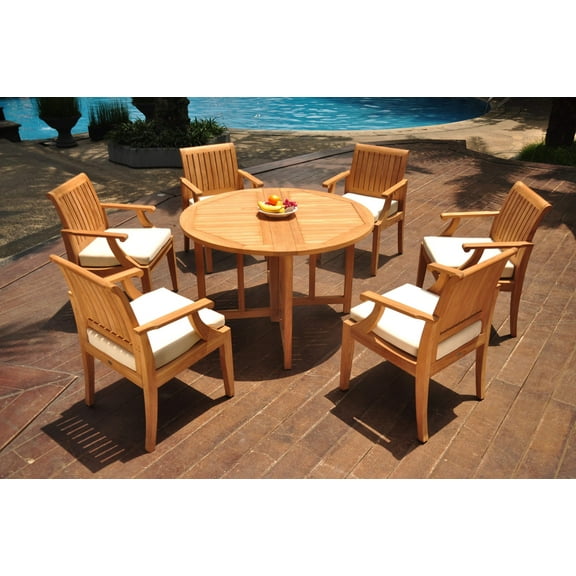 Grade-A Teak Dining Set: 6 Seater 7 Pc: 48" Round Butterfly Table And 6 Lagos Arm Chairs Outdoor Patio WholesaleTeak #WMLG10