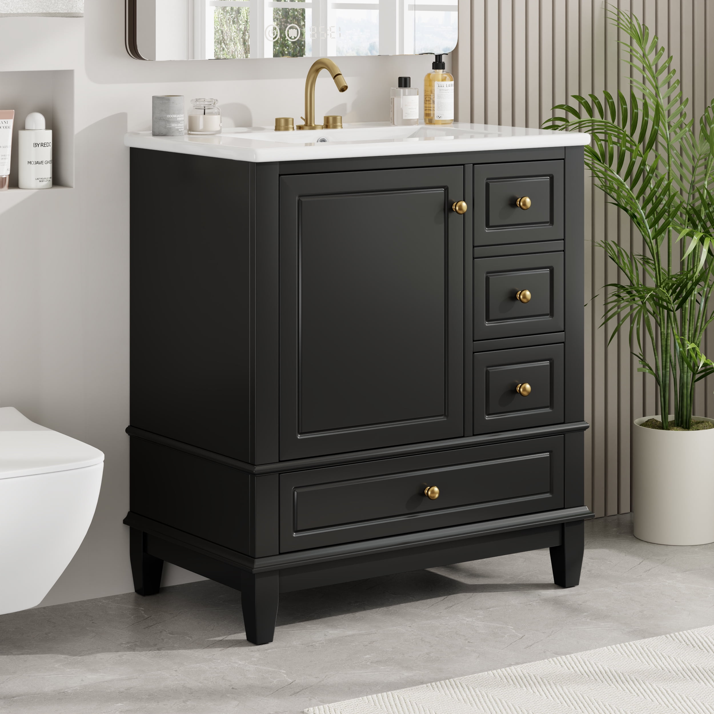 Euroco 30" Bathroom Vanity with Sink, One Door with Shelf and Three Drawers, Soft Close Door