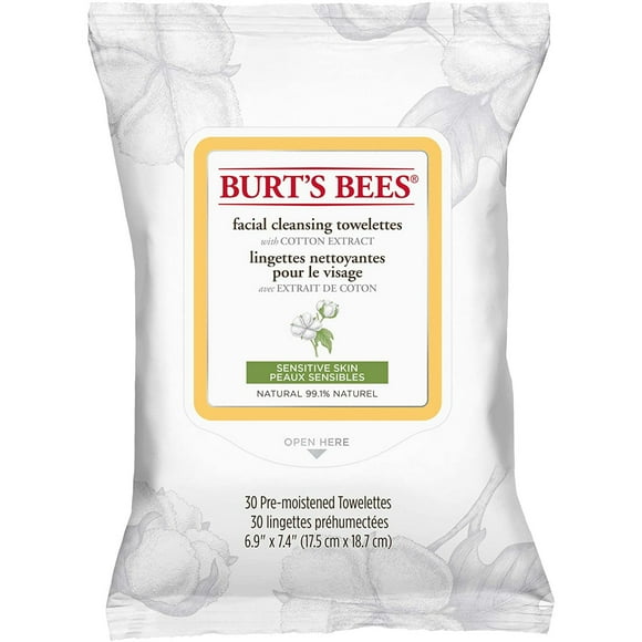 Burt's Bees Lingettes Nettoyantes pour le Visage Sensibles à l'Extrait de Coton, 30ct. (l'Emballage Peut Varier)