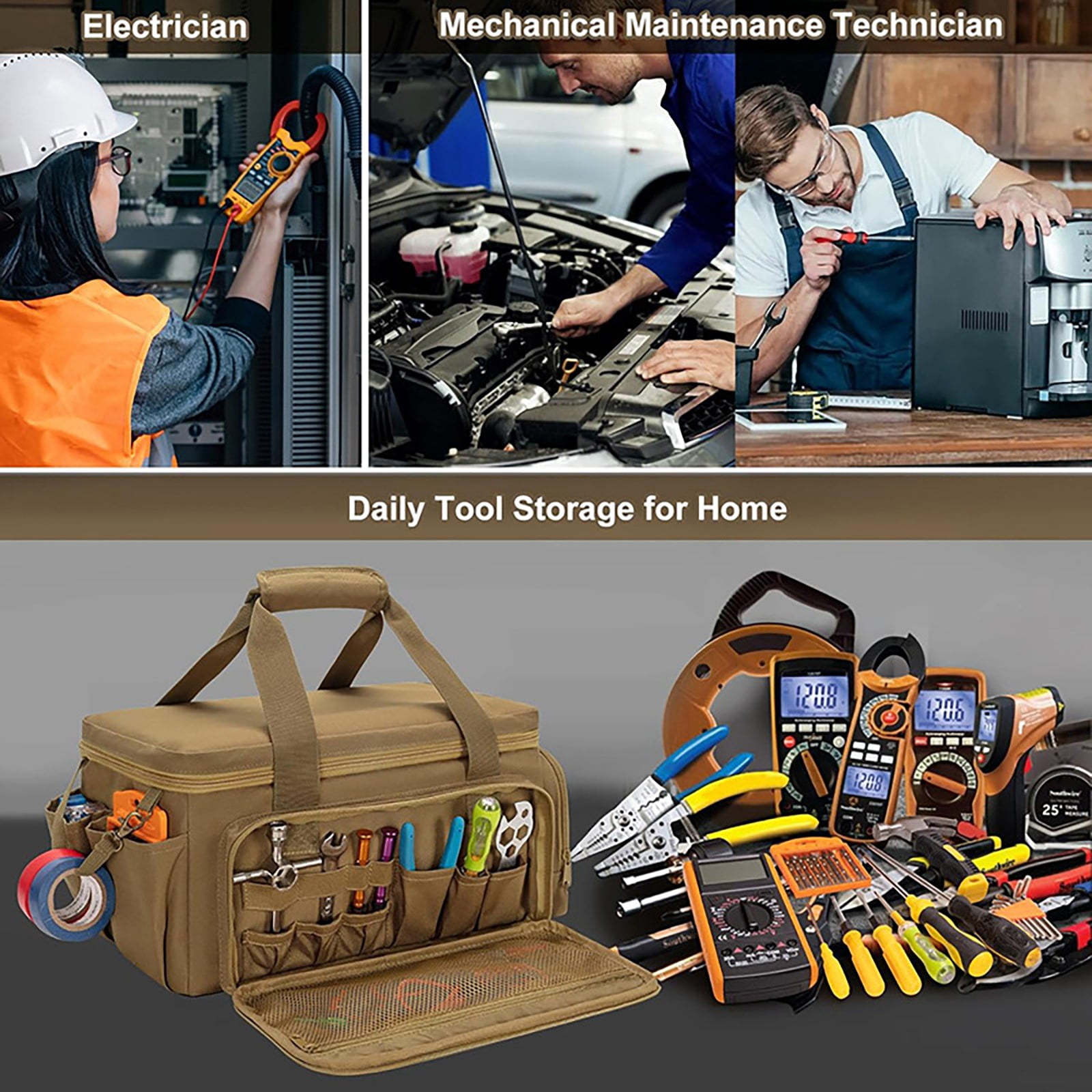 14 Inch Wide Mouth Tool Bag - Heavy Duty Tool Organizer with Adjustable Shoulder Strap & Ergonomic Handle - Large Capacity Utility Bag for Electricians, Plumbers, Mechanics & Contractors