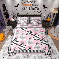 Manfei Cute Cartoon Pumpkin Bedding Comforter Set 7 Pieces, Kawaii Buffalo Full Bedding Set, Kawaii Spider Web Reversible Fitted Sheet Flat Sheet, Ultra Soft Home Decor