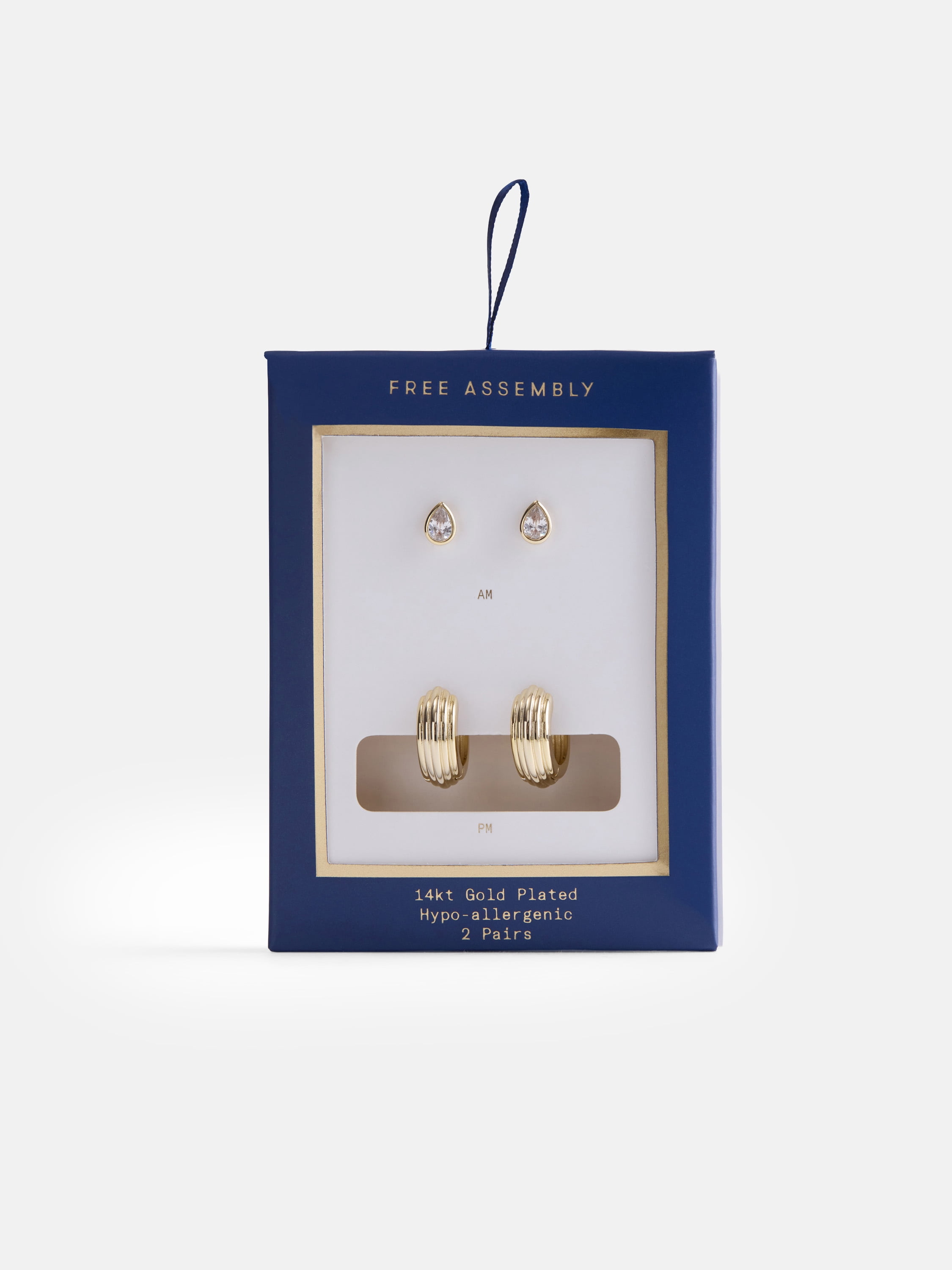 Free Assembly Women's Demi Fine 14K Gold Plated Cubic Zirconia Teardrop and Hoop Earring Set, 2-Pairs