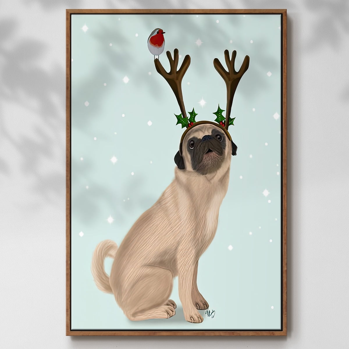 Christmas Pug with Antlers and Robin - Framed Gallery Wrapped Holiday Canvas - 17 x 25 - Rosewood Frame