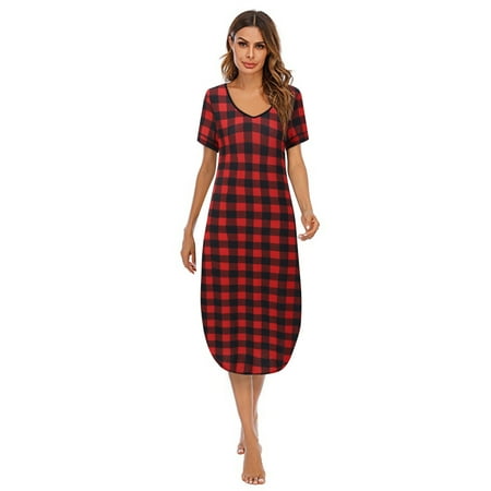 

Valcatch Nightgowns for Women V Neck Nightshirts Short Sleeve Soft Sleepwear Side Split Pockets Long Nightdress Family Matching Pajamas
