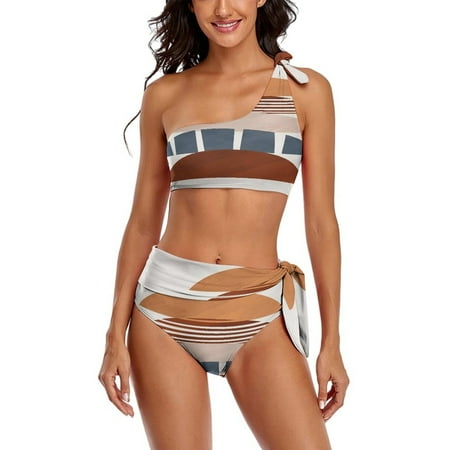 Abstract Botani Boho Flower One Shoulder Bowknot Swimsuit Two Piece Swimsuit Knot Crop Top Bikini High Waisted Bathing Suit