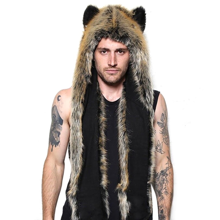 Faux Fur Wolf Hood Hat Scarf Mittens Winter Animal Accessories Unisex Faux Fur Wolf Hood Hat Scarf Mittens Winter Animal  main image 3