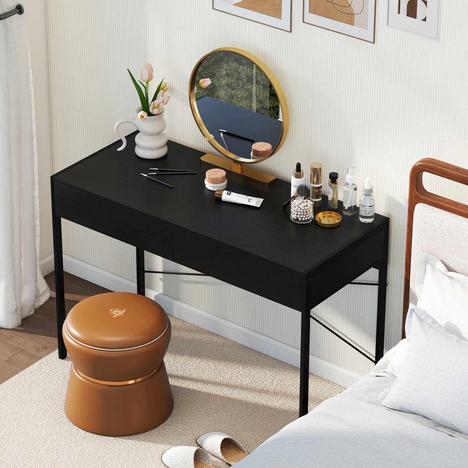 Costway Modern 2-Drawer Computer Desk wIth Reinforced Heavy-Duty Metal Frame Anti-Tip Kit