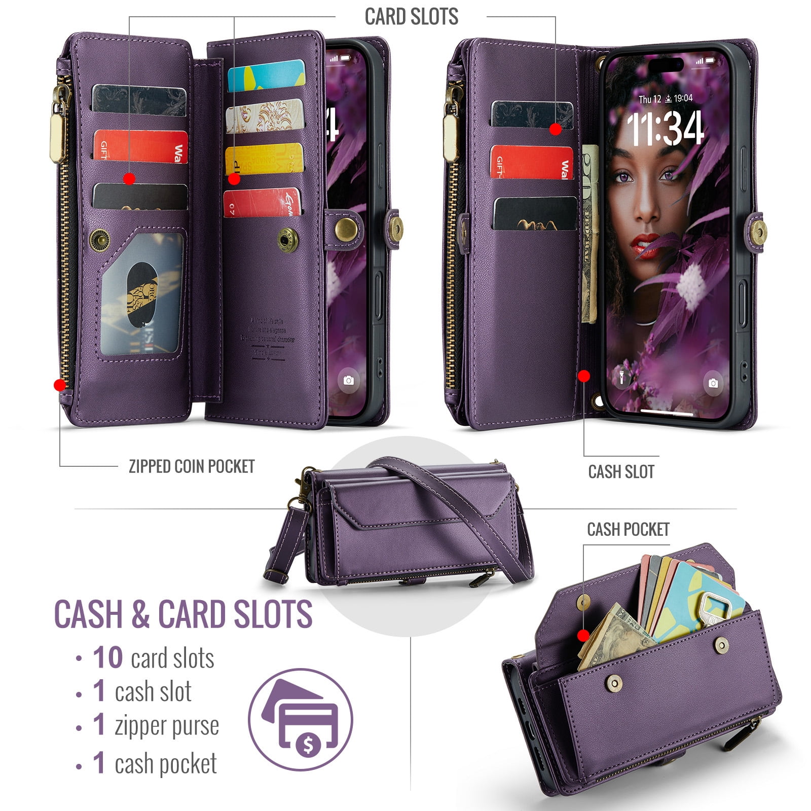 Compatible with iPhone 16 Pro Max 6.9 inch Zipper Wallet Phone Case Tempered Glass Screen Protector Crossbody Lanyard Strap Flip Card Holder Slot Cell Cover for i Phone16 16Pro i16ProMax Women Purple