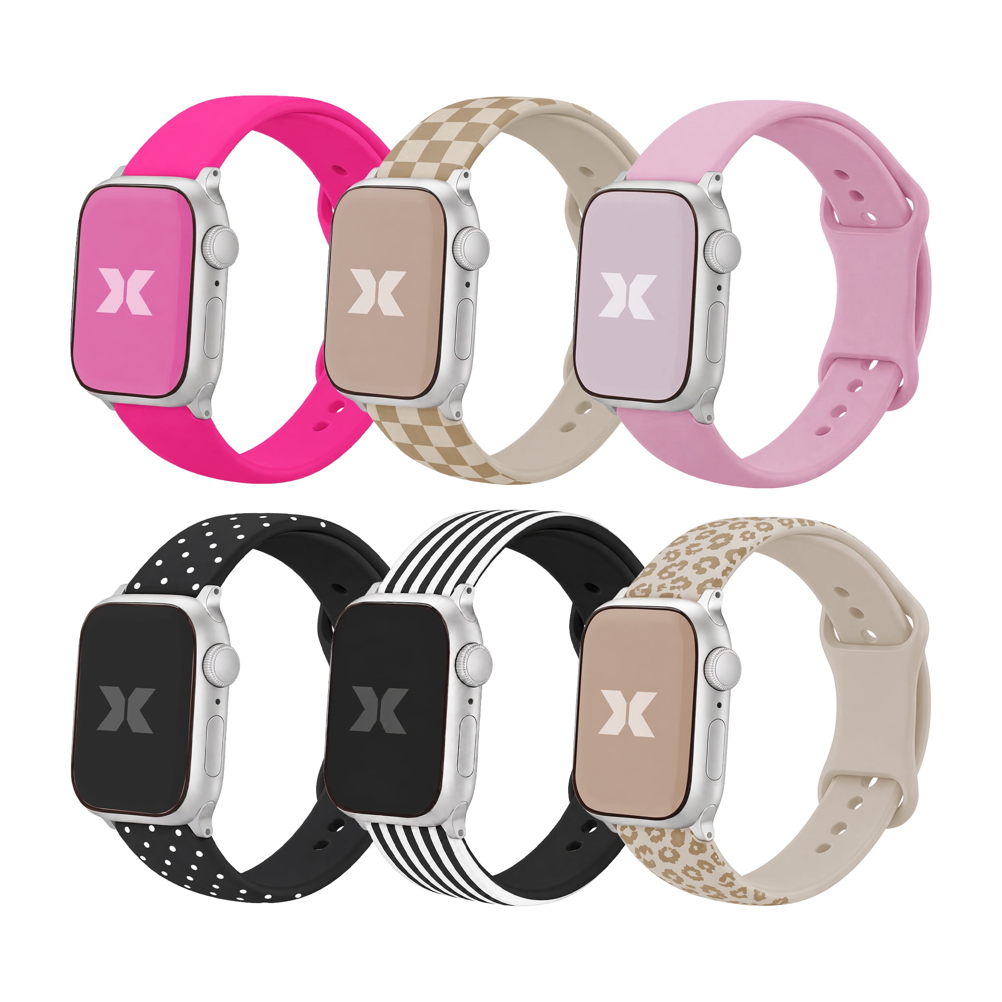 Xtreme 6-Pack Fashion Silicone Bands for Apple Watch Series 1-10 and Ultra 2, Waterproof Adjustable Smart Watch Bands, Assorted Colors and Prints