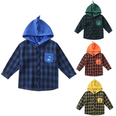 Zwiiyzr Kids Little Boys Baby Long Sleeve Button Down Hooded Plaid Shirt Top Casual Fall Winter Clothes 1-8Y Blue