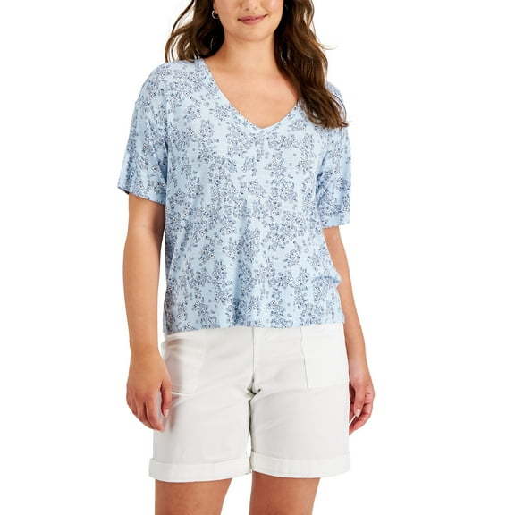 Women's Floral-Print T-Shirt Blue Fancy S