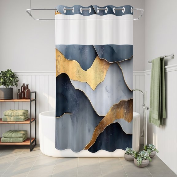 No Hook Shower Curtain Abstract Waterproof Fabric Shower Curtain Color Block Texture Hotel Style Bathroom Curtain with See Through Top Window Machine Washable 36x72in