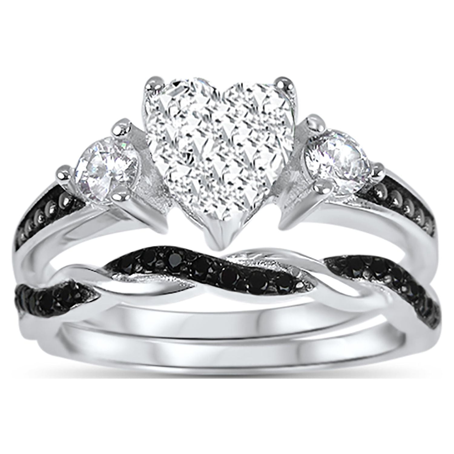 LaRaso & Co His Her Wedding Ring Set Trio Sterling Silver Black Wedding Band Engagement Ring Set 7/9