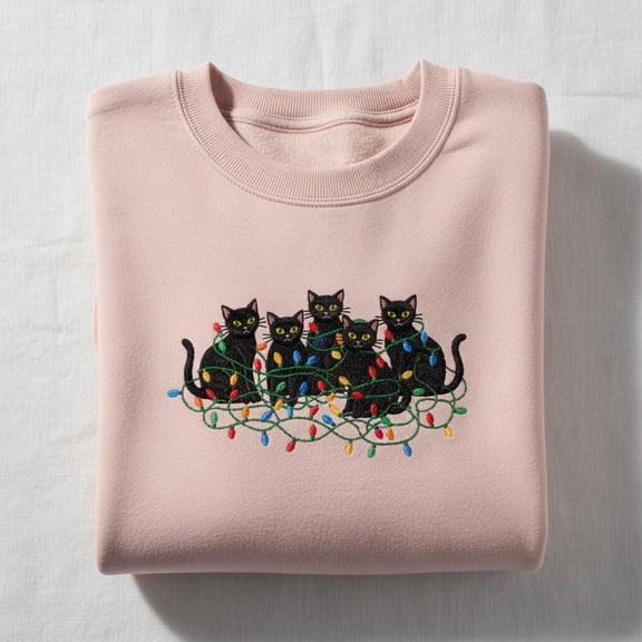 Black Cat Christmas Lights Embroidered Sweatshirt, Funny Cat Lover Holiday Crewneck, Ugly Christmas Sweater Alternative