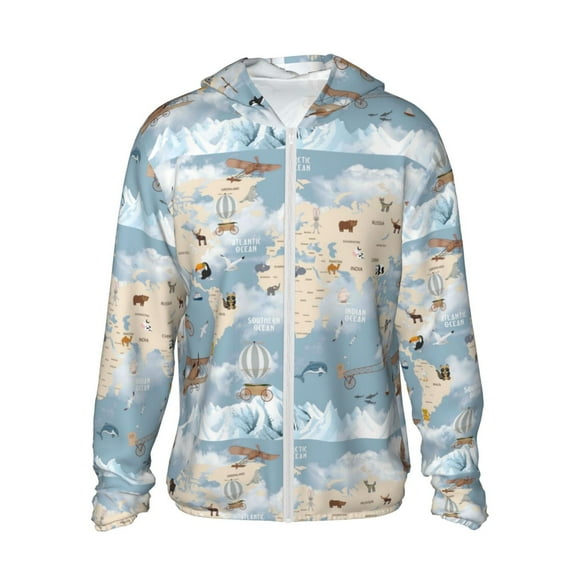 Fotbe Animals Travel World Map Chaqueta con Protección Solar UPF 50+ para Hombre y Mujer, Camisa con Capucha y Bolsillos-X-Large