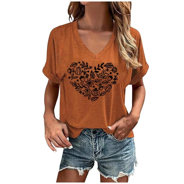 Acción de Gracias Top Mujeres, Pullover de Impresión de Calabaza con Cuello en V Blusa de Manga Corta, Poliéster de Moda Casual