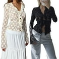 thumbnail image 4 of Douhoow Elegant Women Lace Floral Tops Summer Long Sleeve Tie Front Sheer Slim Crop Cardigan, 4 of 6