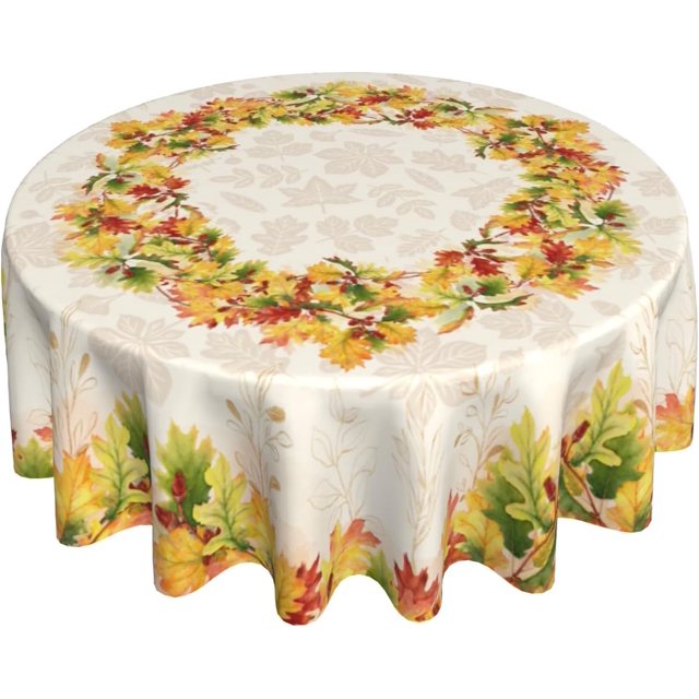 Fall Leaves Tablecloth Round 60 Inch Rustic Autumn Leaf Yellow Green Red Colored Seasonal Print Decorative Washable Table Cloth for Party Picnic Home Kitchen Decor Thanksgiving
