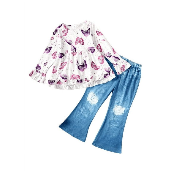 Mikrdoo 6 Years Little Girls Fall Winter Pants Sets Butterfly Print Flare Sleeve Dress Tops Ripped Jeans Demin Trousers 2Pcs Clothing From 4T-8T