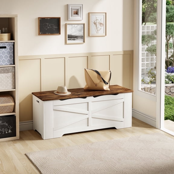 47.2 “ Faramhouse Storage Bench, Shoe BenchToy Chest with Wooden Seat & Lift Top Storage,300 lbs Capacity, Modern Style Bedroom Bench for Entryway &Living Room,Brown& White