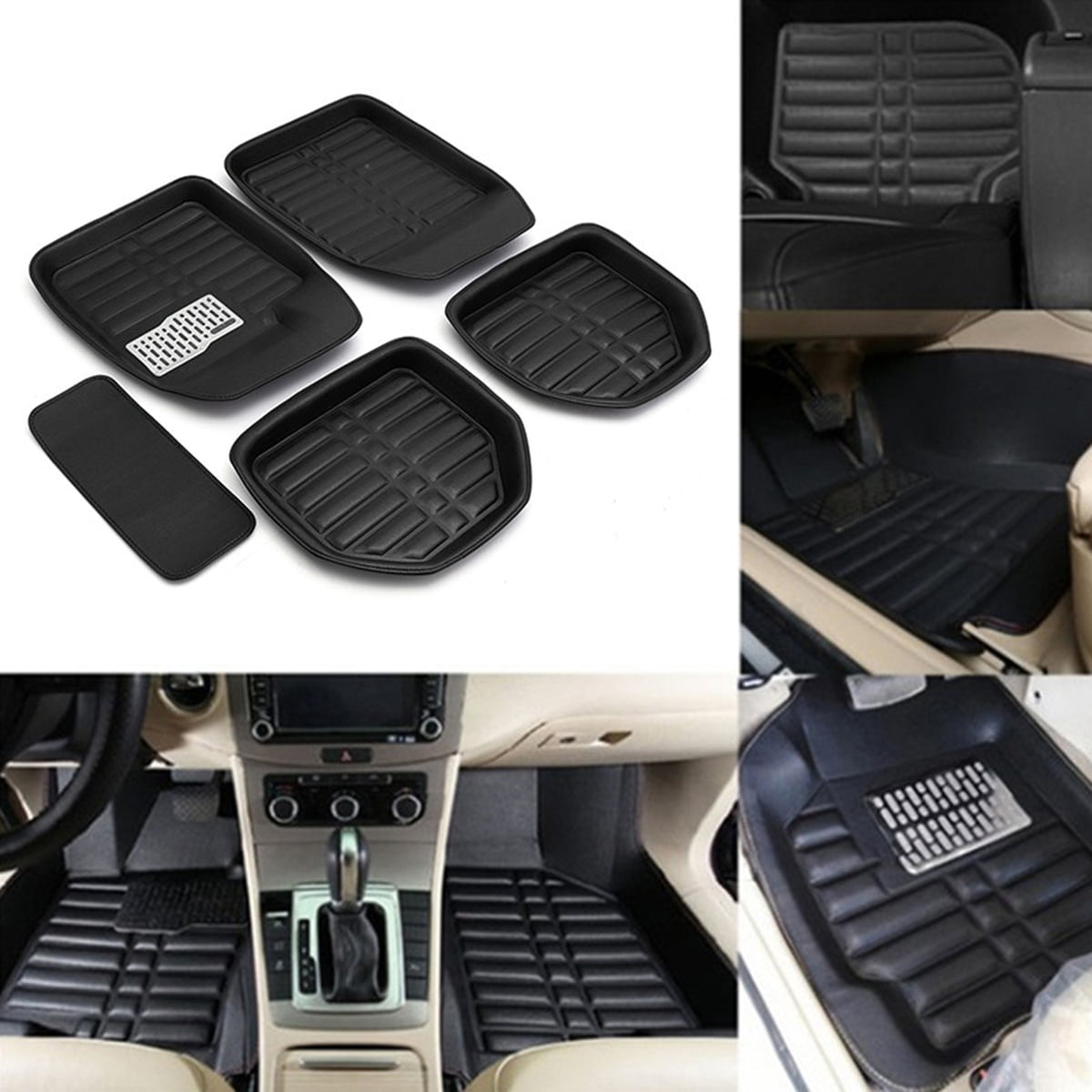 5Pcs Black PU Leather Universal Auto Car Floor Mats Carpet Front Rear Waterproof
