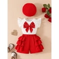 thumbnail image 4 of BemeyourBBs Toddler Baby Girl Summer Fall Spring Clothes Infant Baby Girls 2 Peice Outfit Shorts Set Cute Vintage Little Girls Short Sleeve Pearl 3D Bowknot T-Shirt Ruffle Shorts Beret Hat, 4 of 8