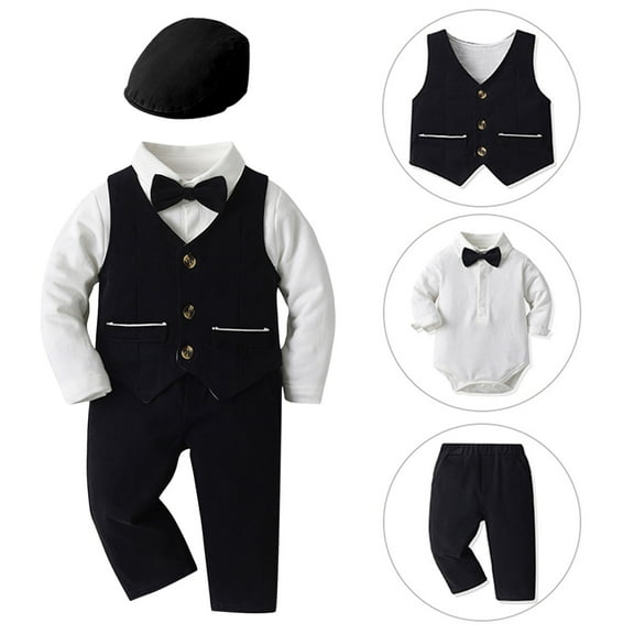 Povozer Baby Boy Shirt & Tie Baby Boy Dress Suit Clothes Sets Tuxedo Gentleman Suits Outfits Bowtie Shirt Suspenders Pants Beret Hat 60 70 80 90 100 for 0-6 Months,Black