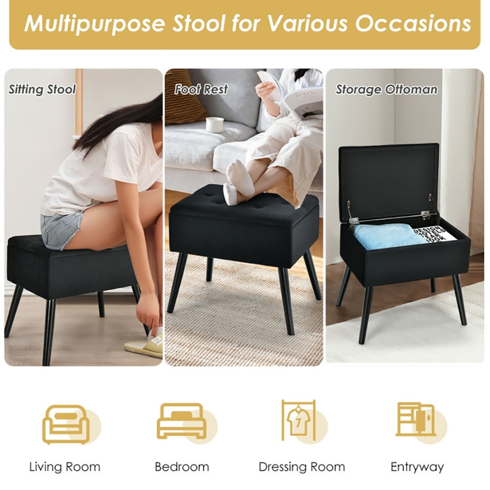 Finihen Velvet Storage Ottoman, Storage Foot Rest, Upholstered Footrest Stool, Velvet Footstool with Solid Wood Legs, for Makeup Room, Living Room, Bedroom, Black