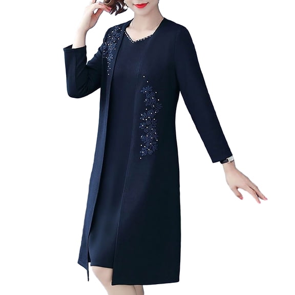 Quixlent 2 Pcs/Set Women Coat Dress Set Long Sleeve Flower Embroidered Mid Length Coat Sleeveless Solid Color V Neck Knee Length Dress Formal Elegant Style Lady Dress Coat Set