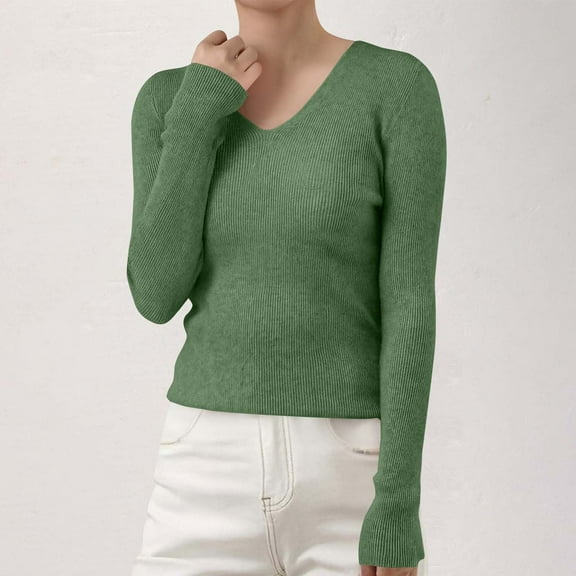 Women's V-Neck Ribbed Knit Pullover Sweater, Slim Fit Soft Stretchable Top for Fall Winter, Comfortable Casual Daily Wear, Versatile Layering Piece for Various Occasions Blackish Green M