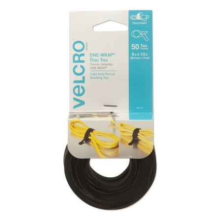 Velcro 95172 ONE-WRAP 0.5 in. x 8 in. Pre-Cut Thin Ties - Black (50/Pack)