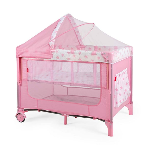 Cuna Colecho D’Bebé con 2 Niveles Mosquitero Acolchonado - Rosa