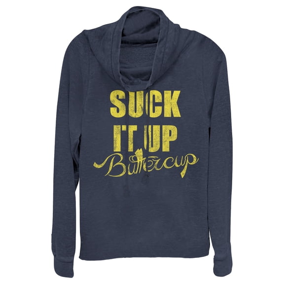 Junior's CHIN UP Suck it up Buttercup Cowl Neck Sweatshirt Navy Blue Small