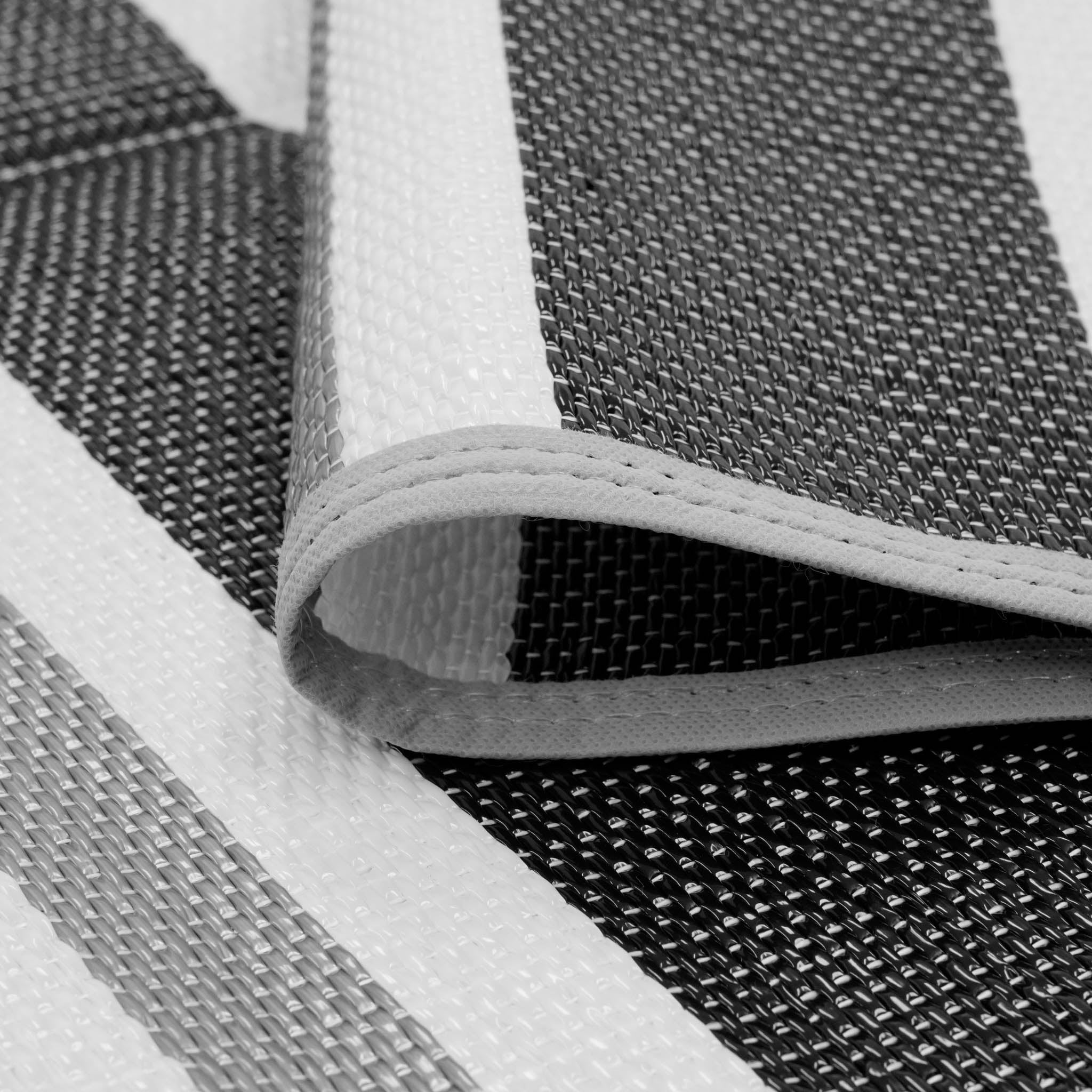 Luna Contemporary Stripe Black and Gray Polypropylene Reversible Plastic Straw Outdoor Area Rug, 8'11'' x 11'10'' Rectangle