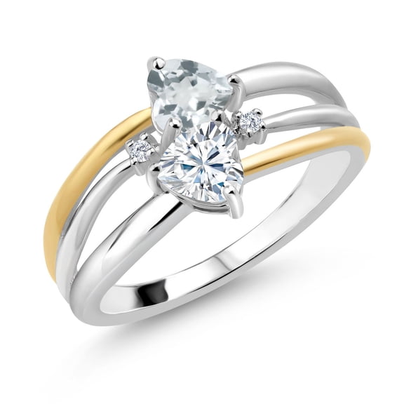 Gem Stone King 925 Silver and 10K Yellow Gold Sky Blue Aquamarine and White Moissanite and White Lab Grown Diamond Band Ring for Women (0.86 Cttw, Gemstone March Birthstone, Heart Shape 5MM, Size 9)