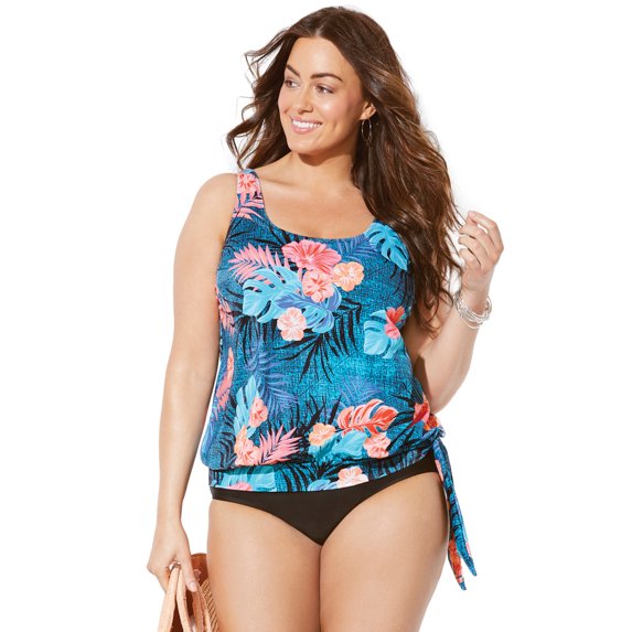 Swimsuits For All Women's Plus Size Side Tie Blouson Tankini Set