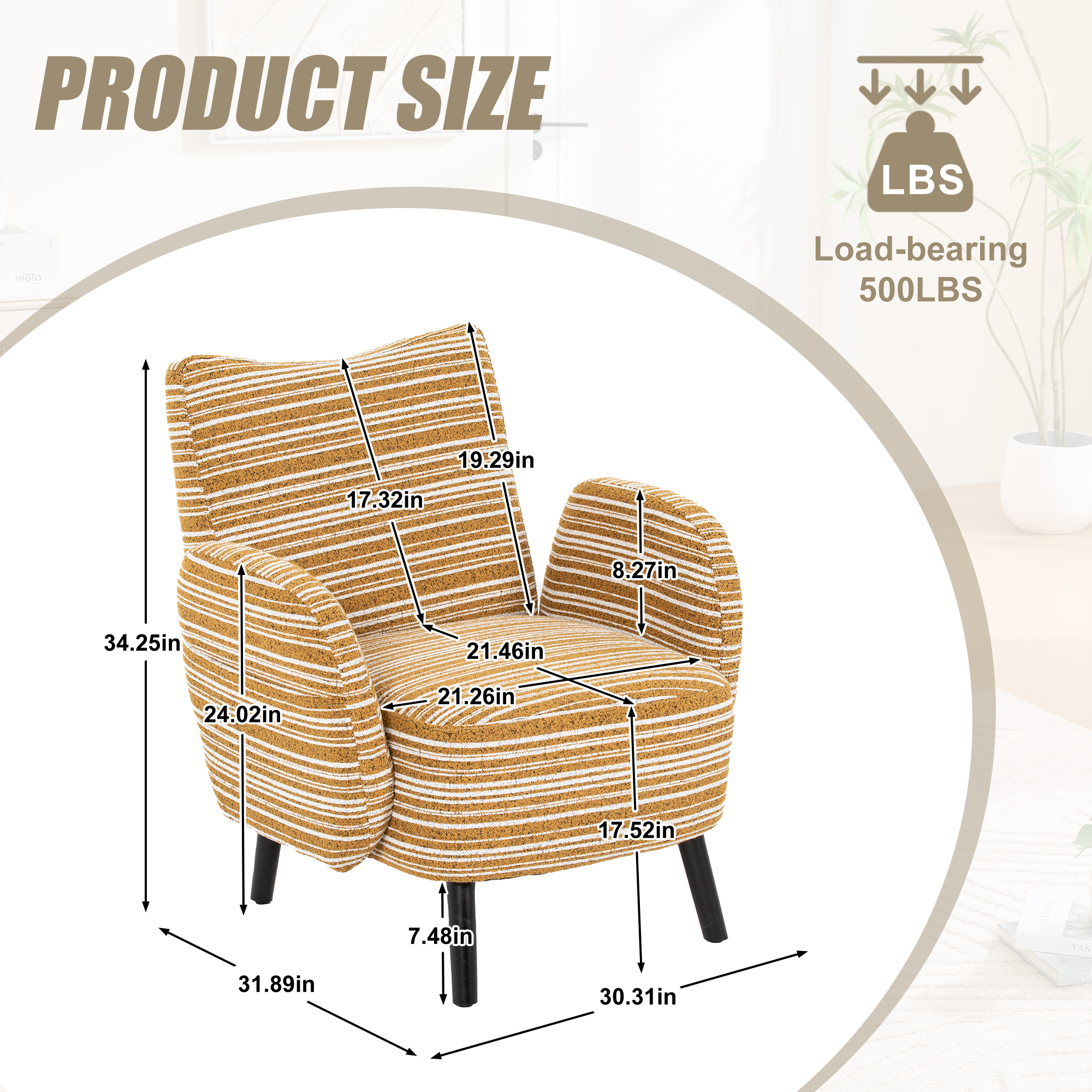 Leumius Armchair with Side Storage Pocket and Solid Wood Legs, Comfortable Reading Chair with Sanded Fabric for Living Room Bedroom Office Mustard Yellow