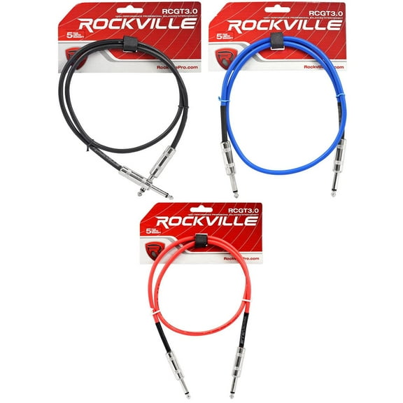 3 Rockville 3'  1/4" TS to 1/4'' TS Guitar/Instrument Cable (3 Colors)