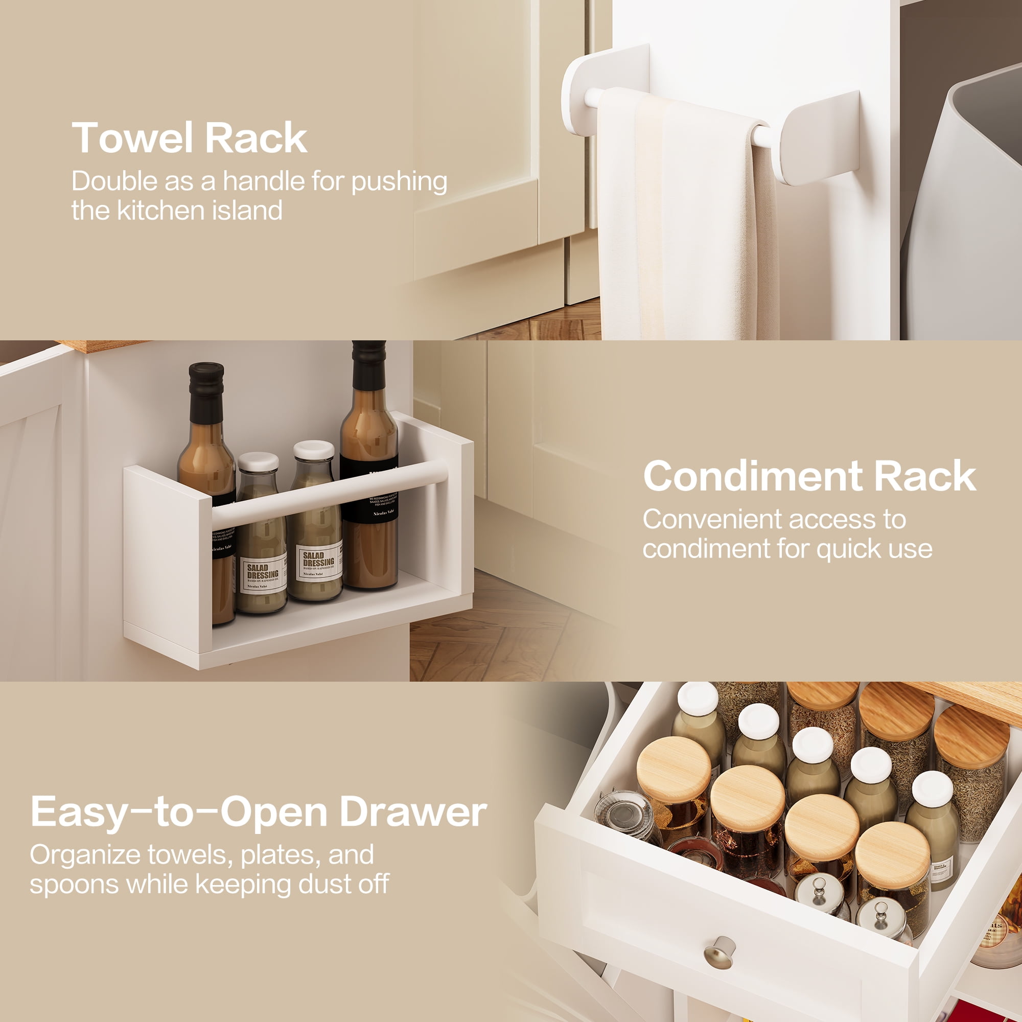 spanspace 48" Kitchen Island Cart with Drop Leaf , 10 Gallon Storage and Tilt Out Trash Can Cabinet , Portable Kitchen Island with Wheels Drawer and Adjustable Shelves for Kitchen, White