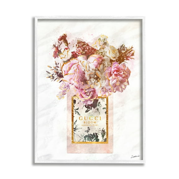 Stupell Industries Floral Bouquet Fashion Style Shopping Bag Pink White Gold Graphic Art White Framed Art Print Wall Art, 11x14, by Ziwei Li